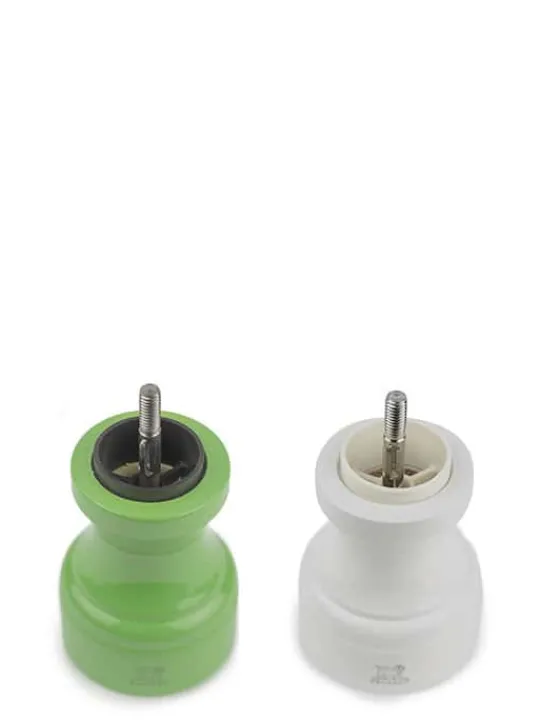 Discount Bistro Set of manual wooden salt and pepper mills in white and green gloss, 10cm Salt | Salt & Pepper Mill Sets