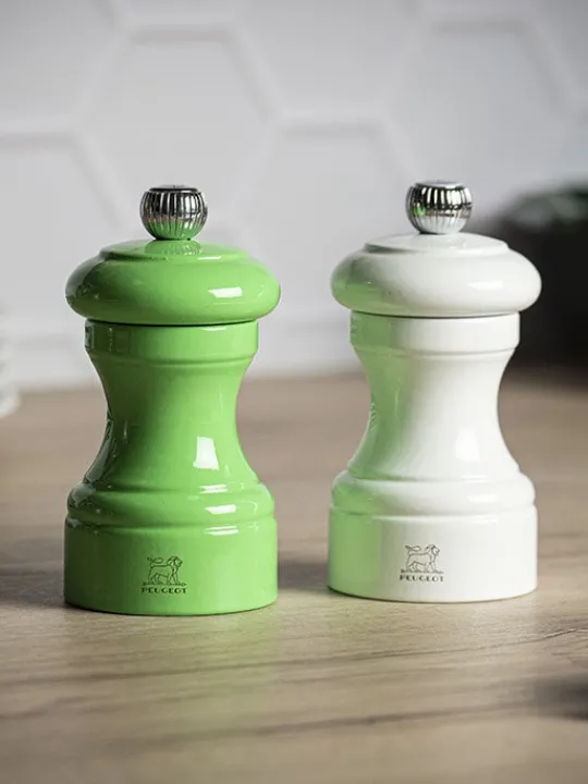 Discount Bistro Set of manual wooden salt and pepper mills in white and green gloss, 10cm Salt | Salt & Pepper Mill Sets