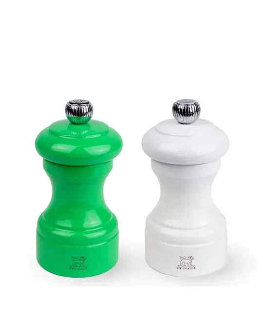 Discount Bistro Set of manual wooden salt and pepper mills in white and green gloss, 10cm Salt | Salt & Pepper Mill Sets