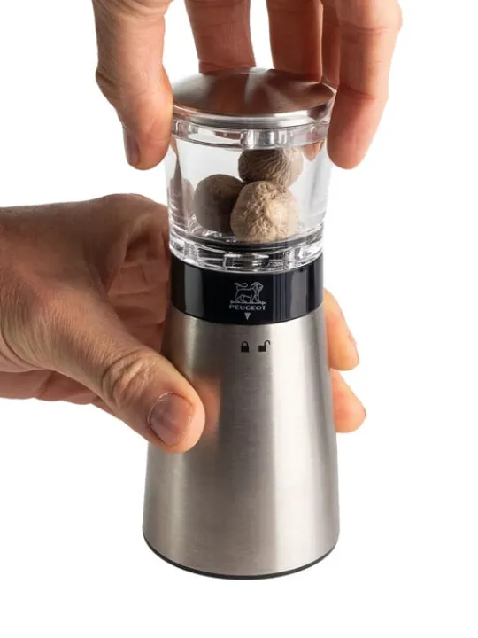 Shop Daman Manual nutmeg mill in stainless steel and acrylic with magnetic cover 15cm For The Foodie | Speciality Spice Mills